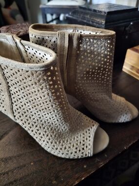 Nine West Taupe Suede Laser-Cut Cage Peep-Toe Booties